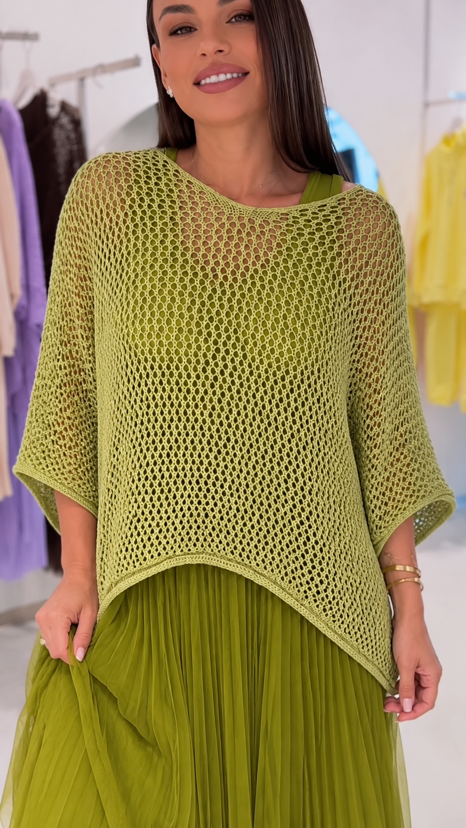 Open-Knit Poncho Top & Pleated Tulle Midi Skirt Set