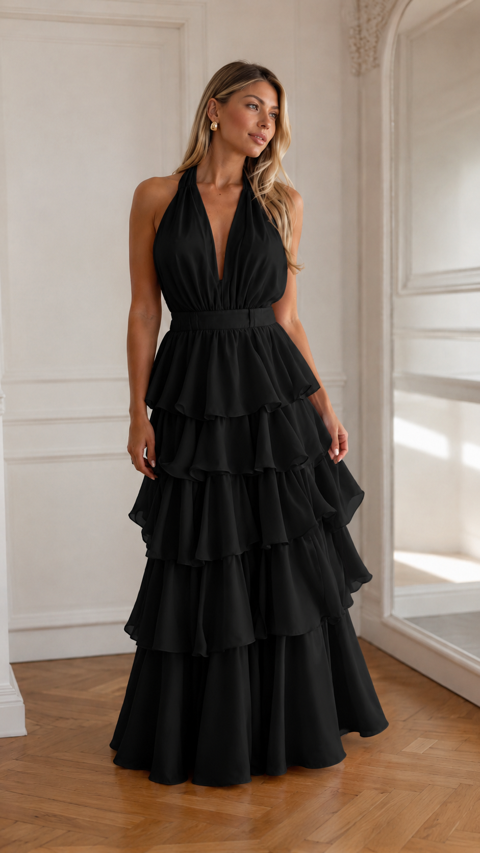 Halter Tiered Ruffle Maxi Dress