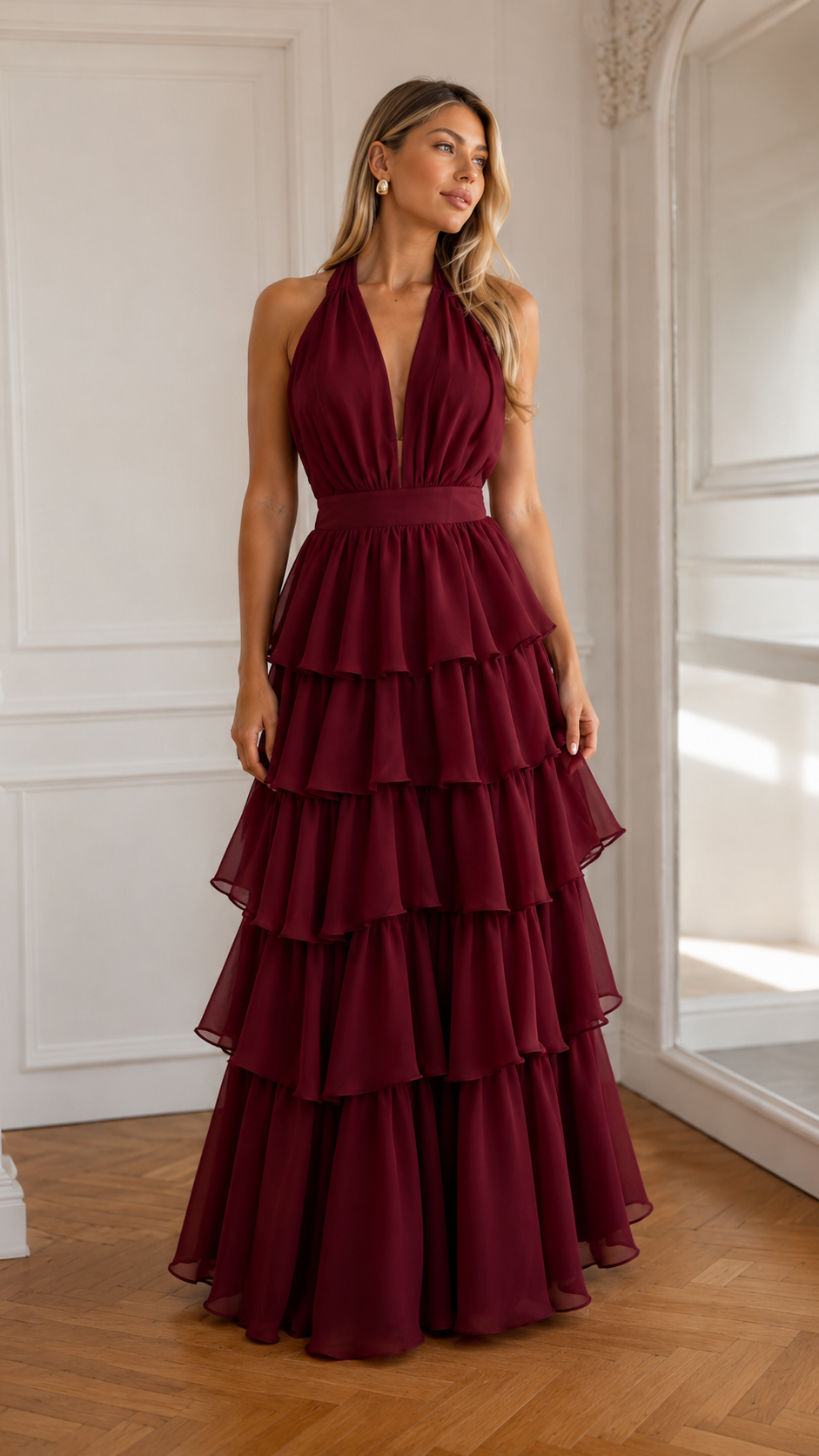 Halter Tiered Ruffle Maxi Dress