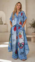Denim-Look Graphic Oversized Shirt & Wide-Leg Pants Set