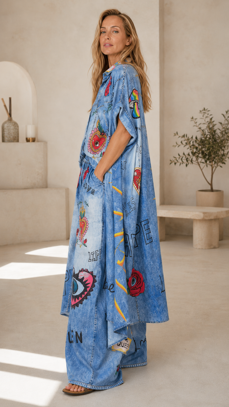 Denim-Look Graphic Oversized Shirt & Wide-Leg Pants Set