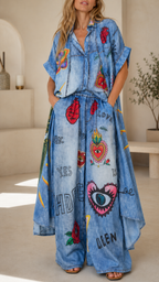 Denim-Look Graphic Oversized Shirt & Wide-Leg Pants Set
