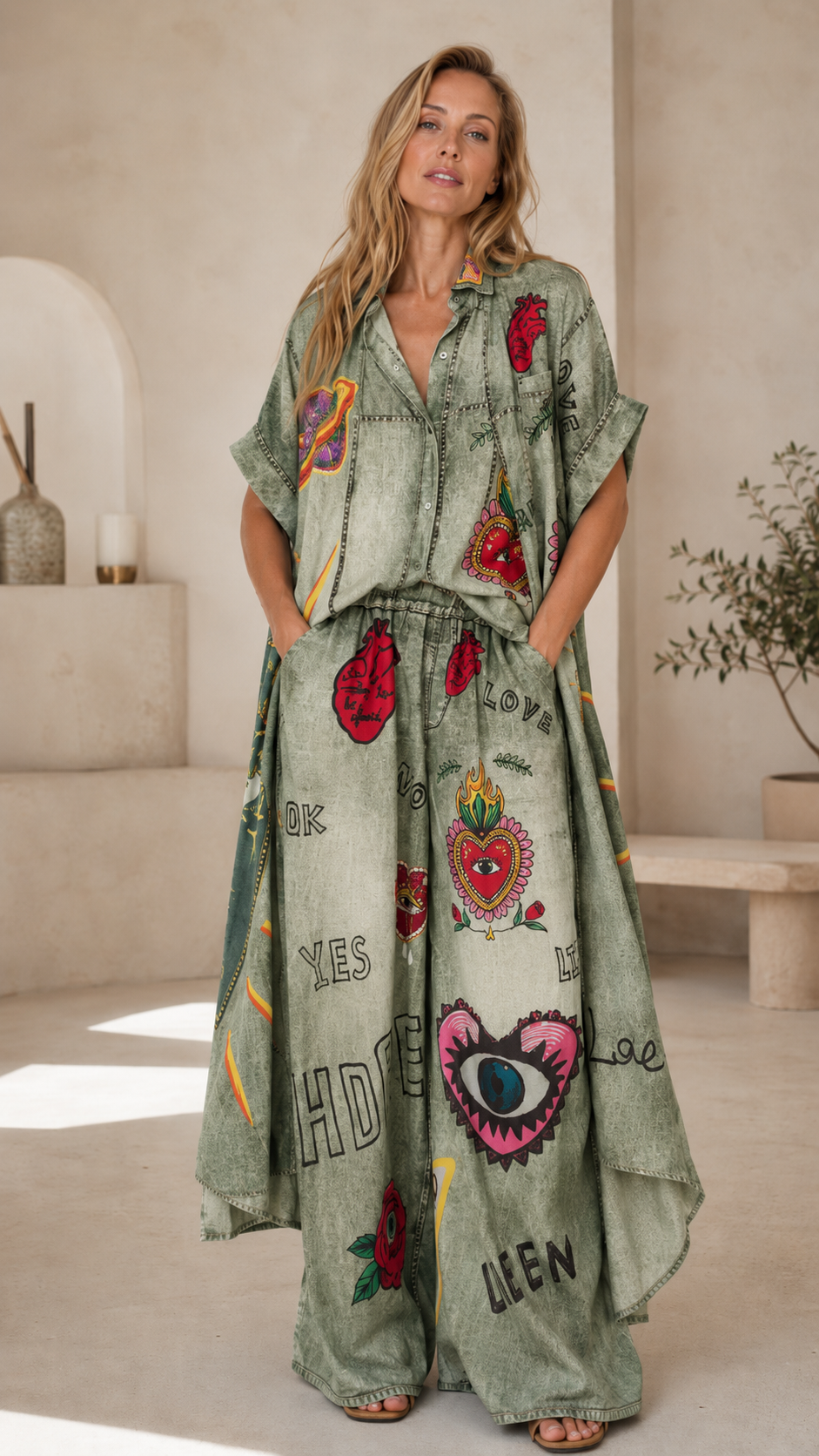 Denim-Look Graphic Oversized Shirt & Wide-Leg Pants Set