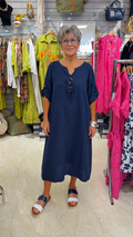 Relaxed Lace-Up Midi Dress with Roll-Tab Sleeves