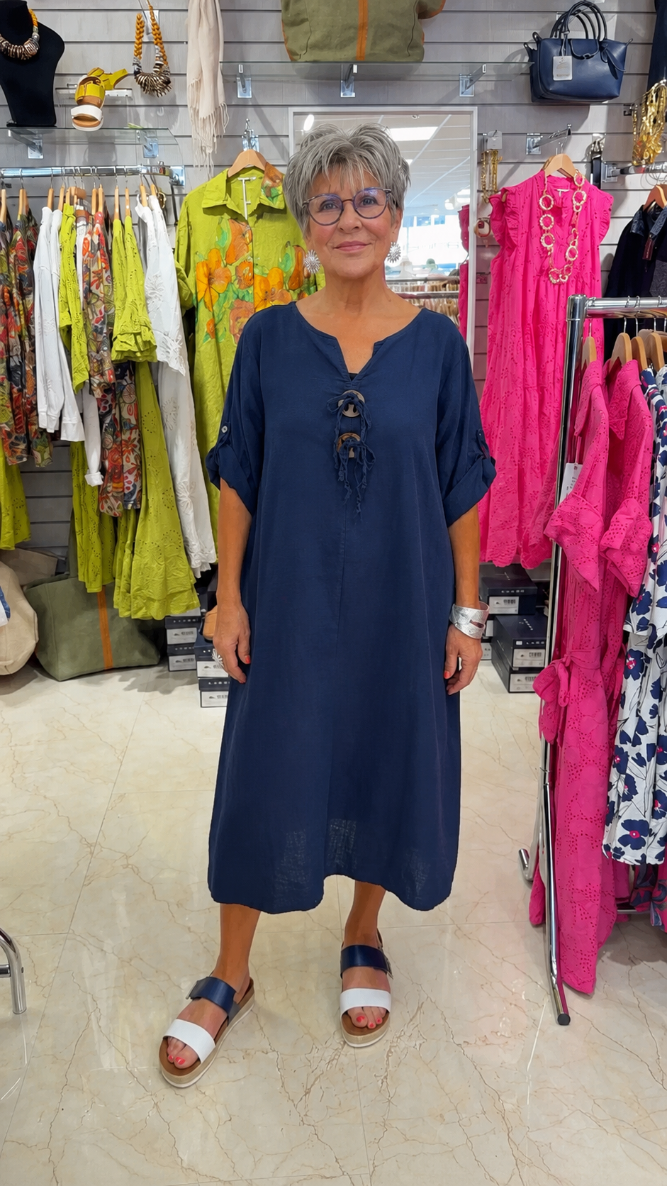 Relaxed Lace-Up Midi Dress with Roll-Tab Sleeves