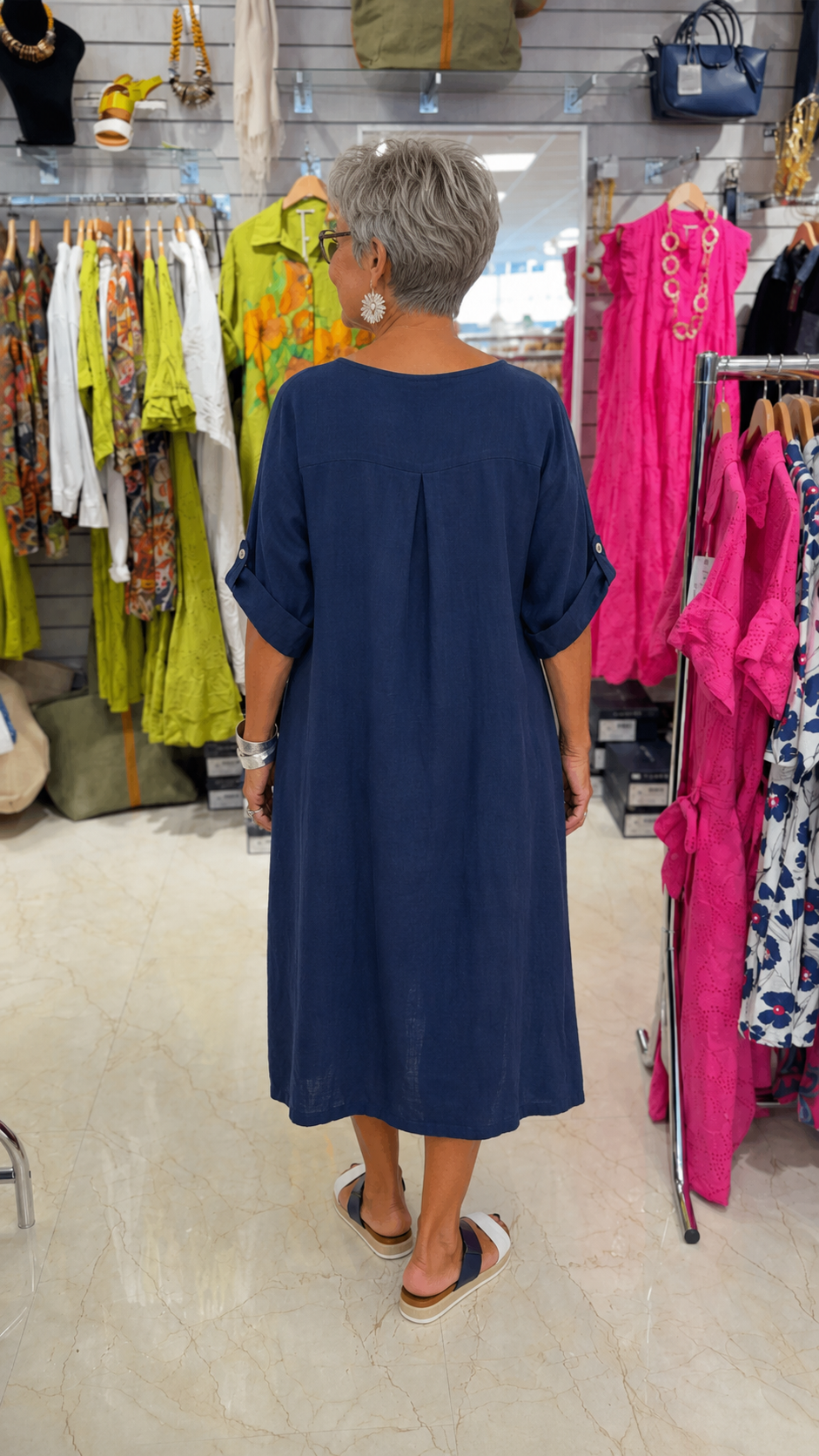 Relaxed Lace-Up Midi Dress with Roll-Tab Sleeves