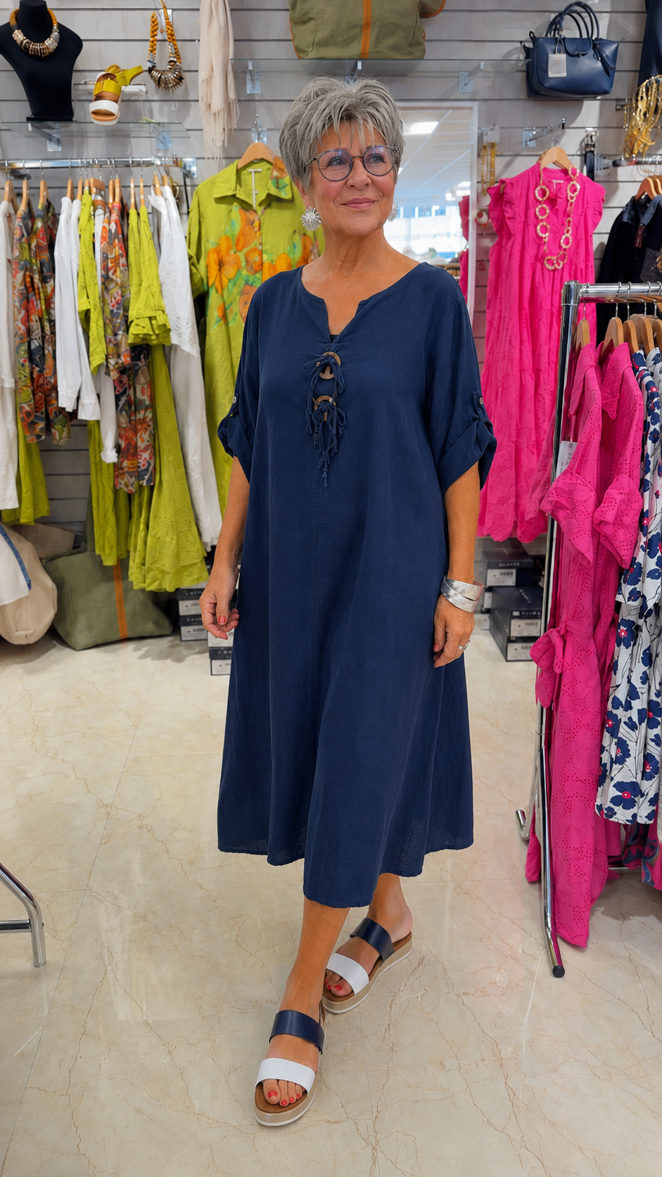 Relaxed Lace-Up Midi Dress with Roll-Tab Sleeves
