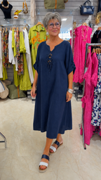 Relaxed Lace-Up Midi Dress with Roll-Tab Sleeves