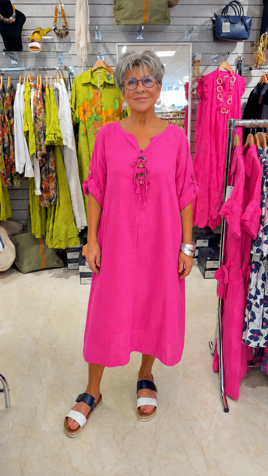 Relaxed Lace-Up Midi Dress with Roll-Tab Sleeves