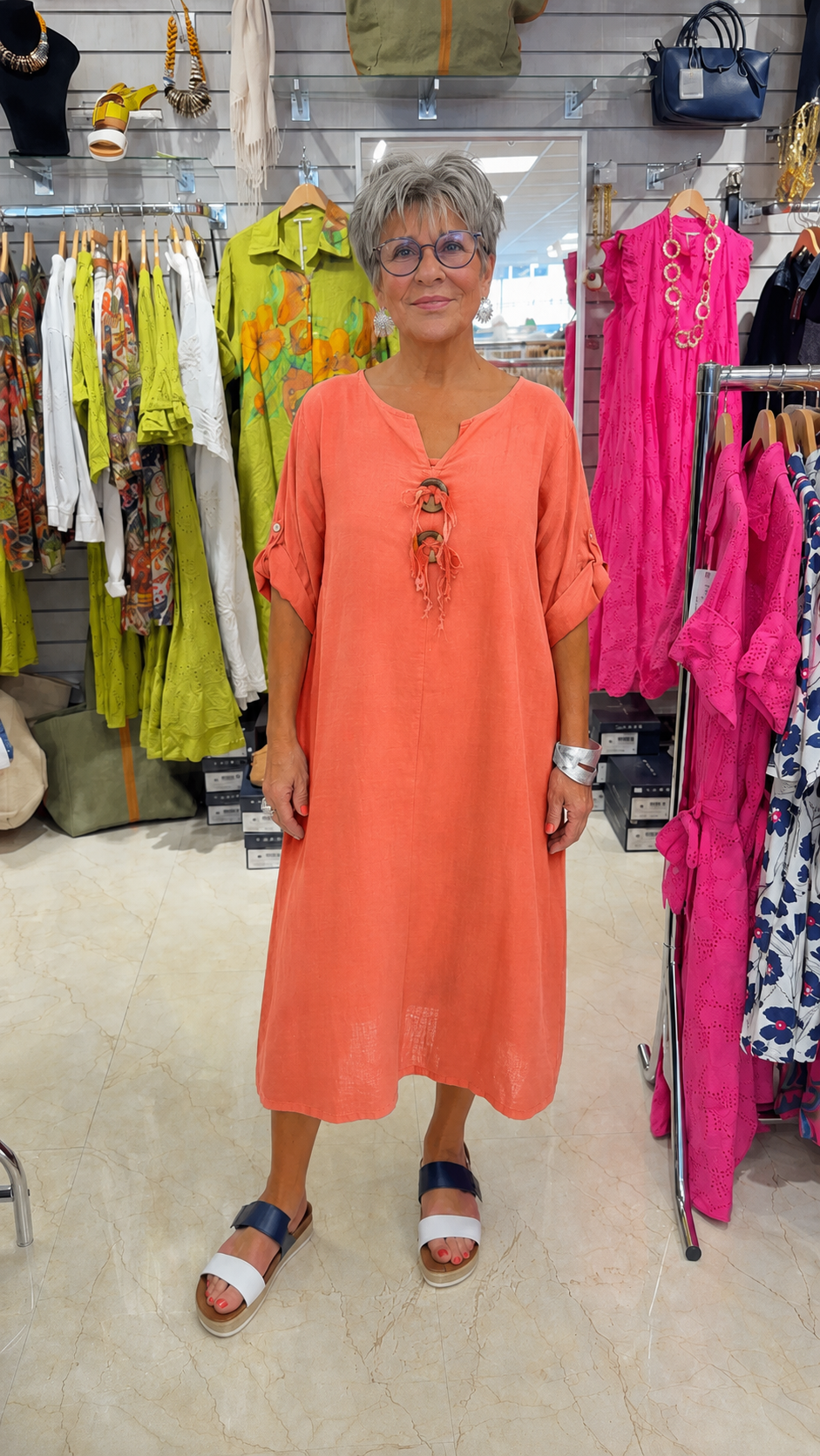 Relaxed Lace-Up Midi Dress with Roll-Tab Sleeves