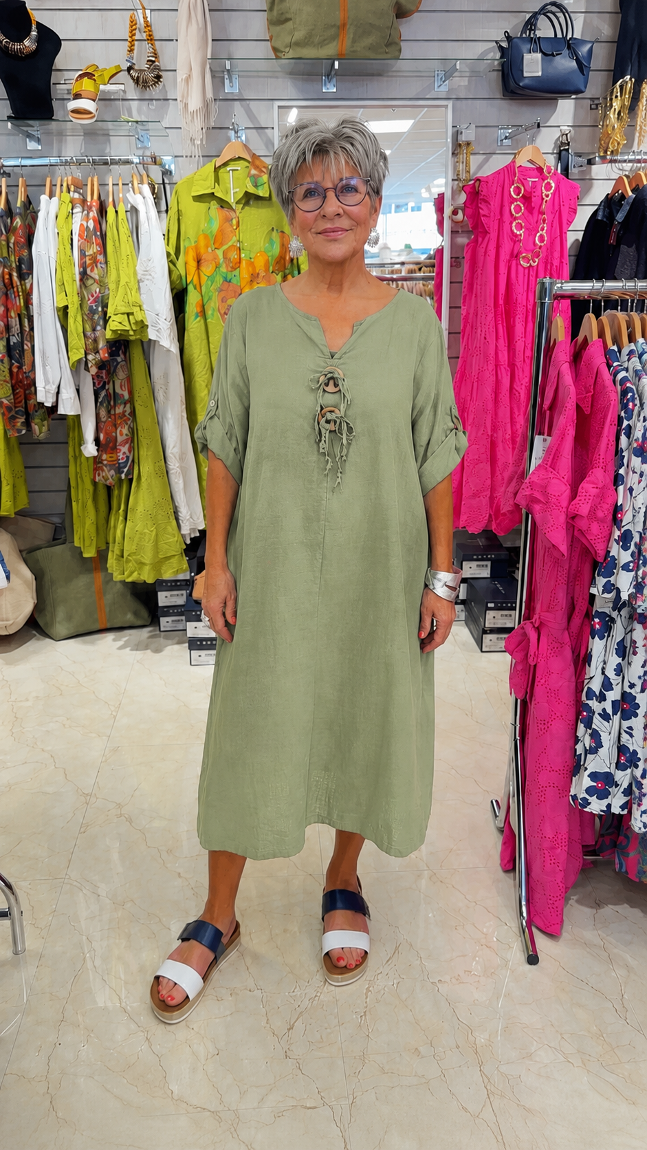 Relaxed Lace-Up Midi Dress with Roll-Tab Sleeves