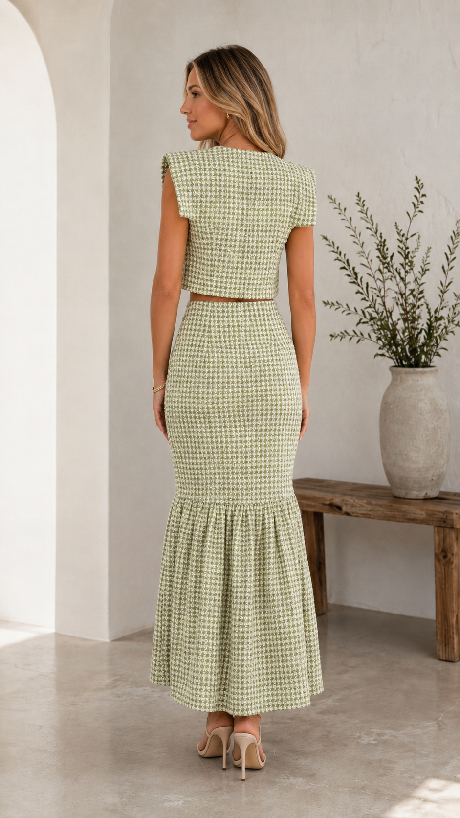 Textured Shoulder-Pad Crop Top & Mermaid Maxi Skirt Set