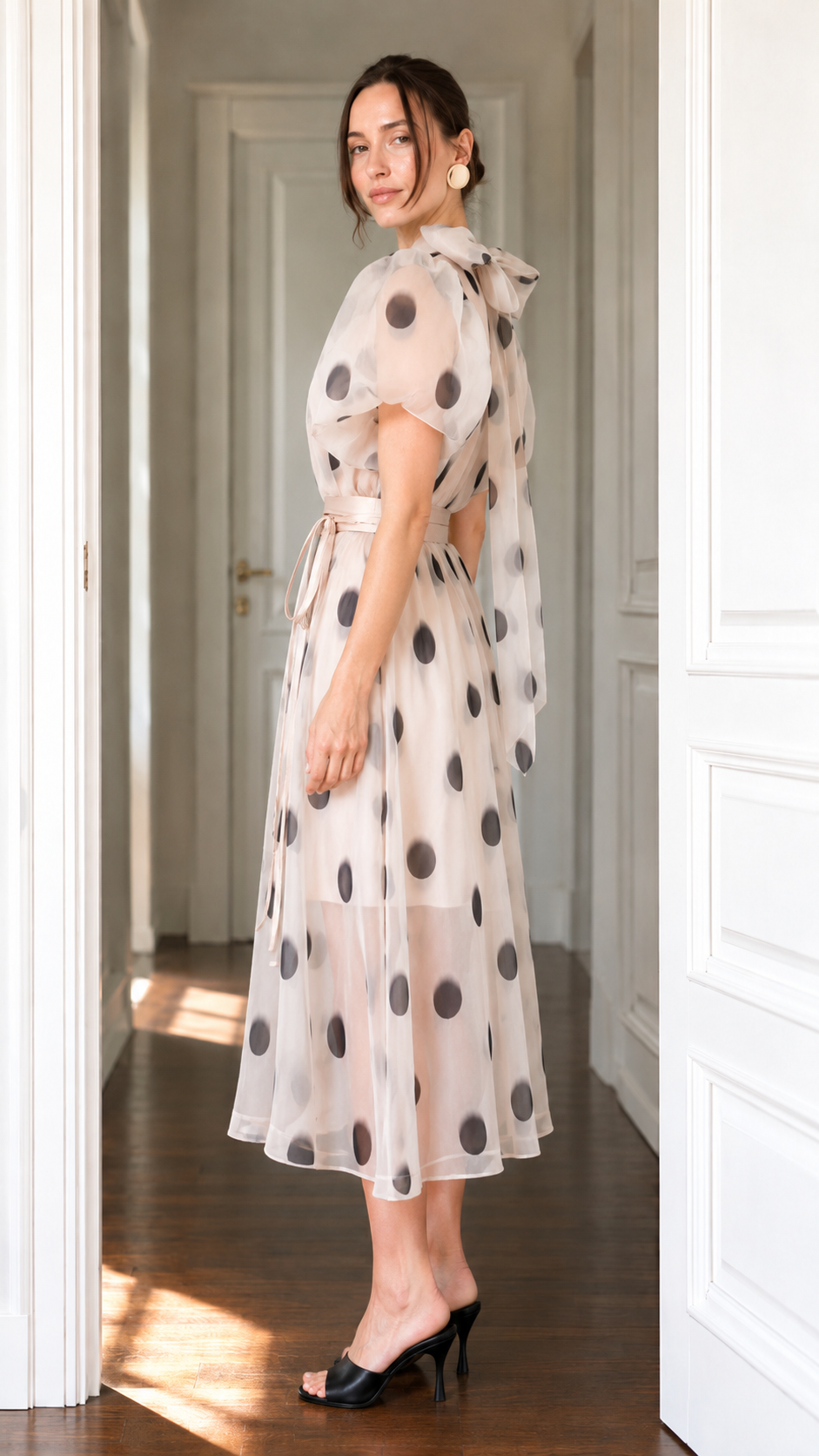 Sheer Organza Polka Dot Puff Sleeve Midi Dress
