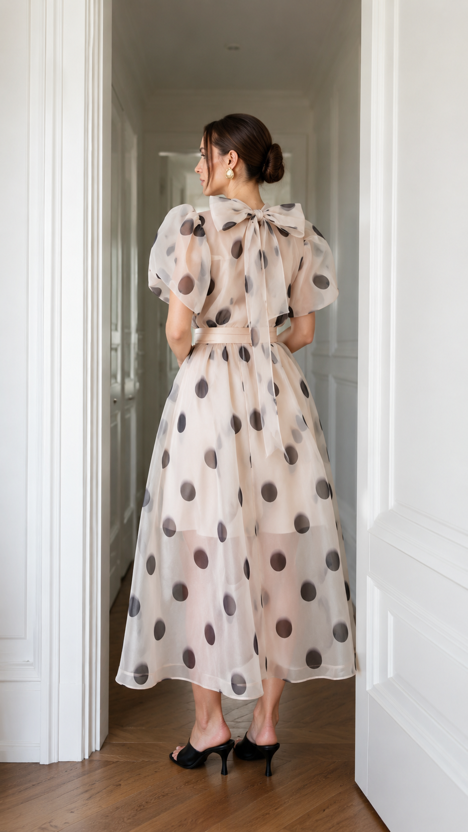 Sheer Organza Polka Dot Puff Sleeve Midi Dress