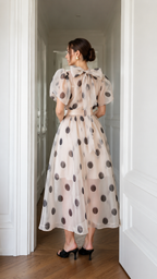Sheer Organza Polka Dot Puff Sleeve Midi Dress