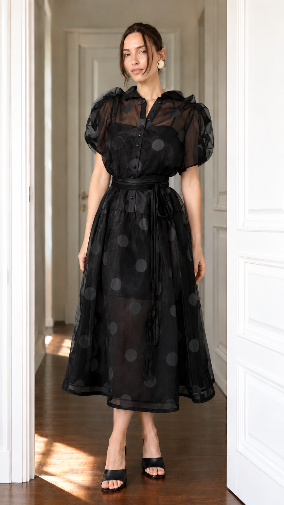Sheer Organza Polka Dot Puff Sleeve Midi Dress