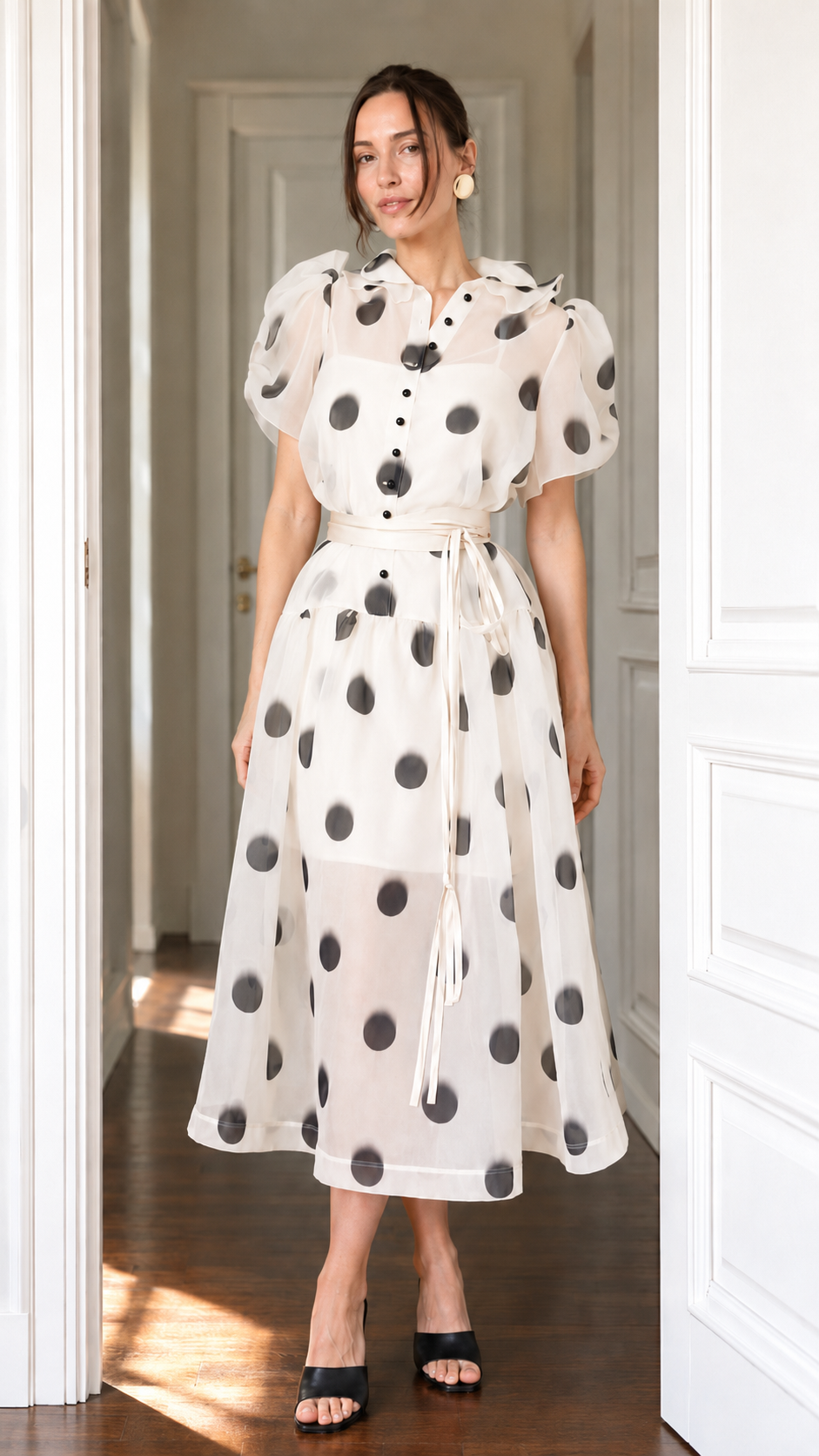 Sheer Organza Polka Dot Puff Sleeve Midi Dress