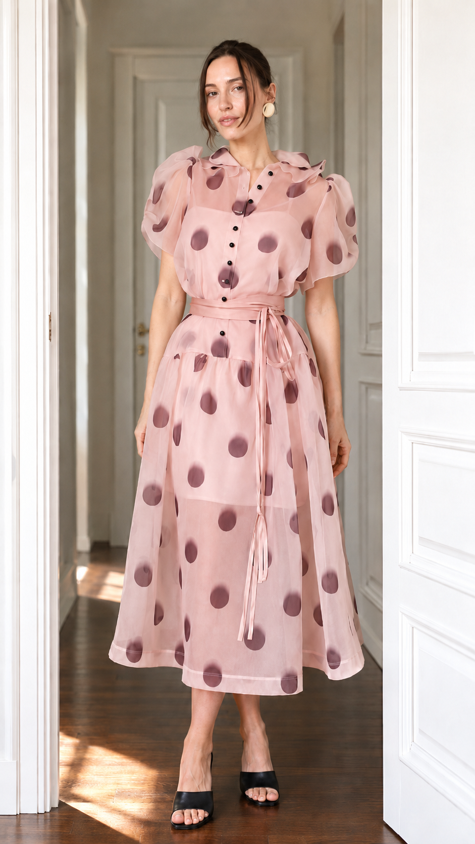 Sheer Organza Polka Dot Puff Sleeve Midi Dress