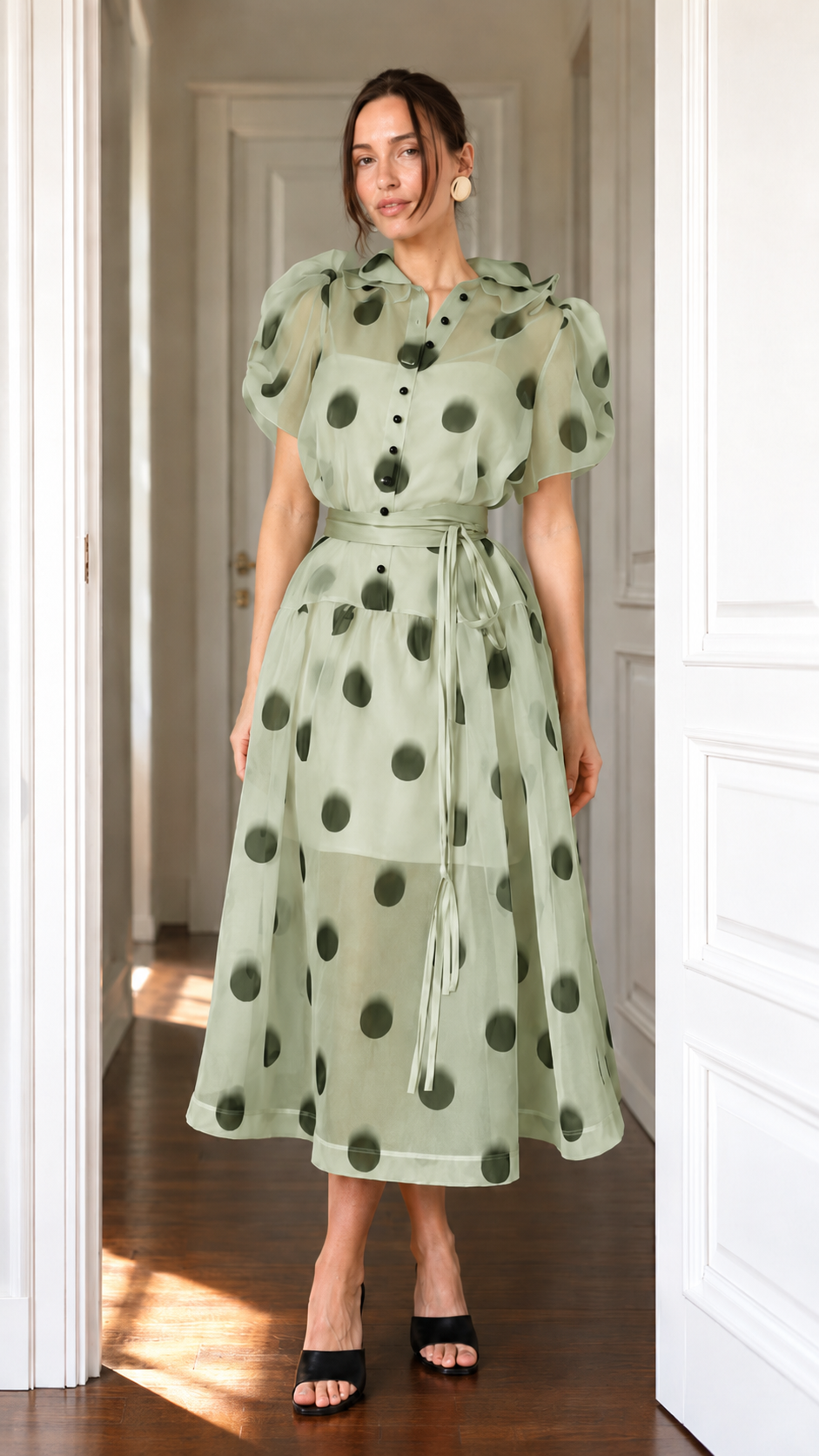 Sheer Organza Polka Dot Puff Sleeve Midi Dress