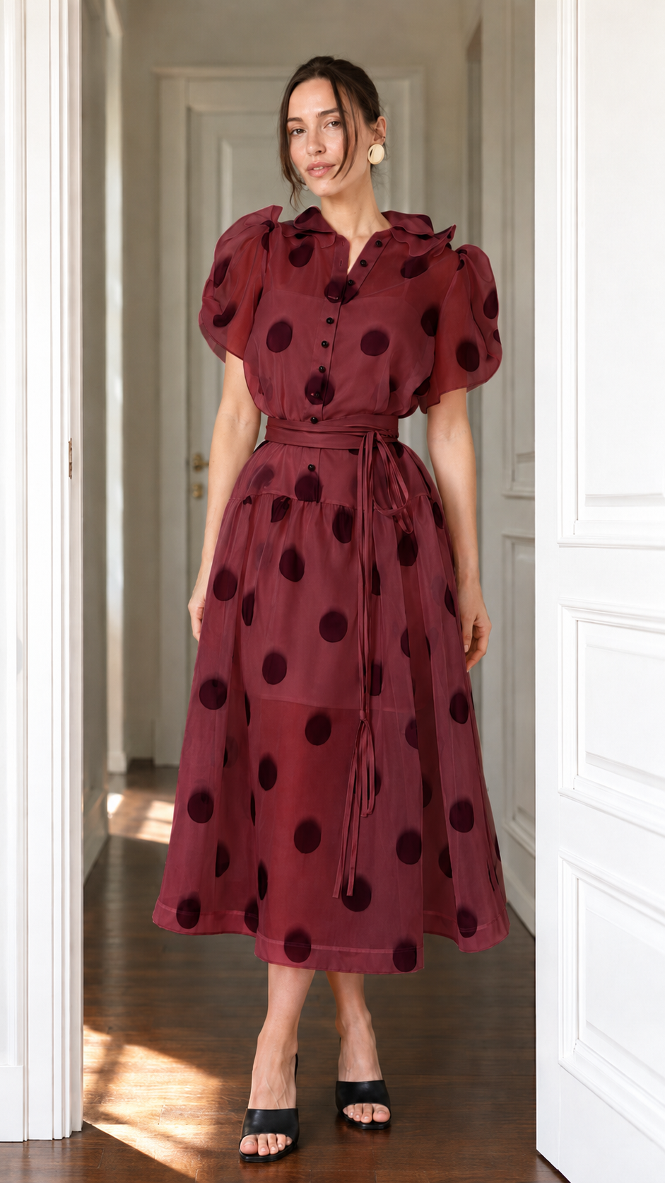 Sheer Organza Polka Dot Puff Sleeve Midi Dress
