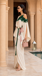 One-Shoulder Floral Embroidered Kaftan Maxi Skirt Set