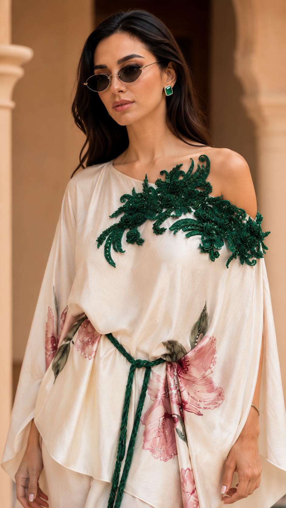 One-Shoulder Floral Embroidered Kaftan Maxi Skirt Set