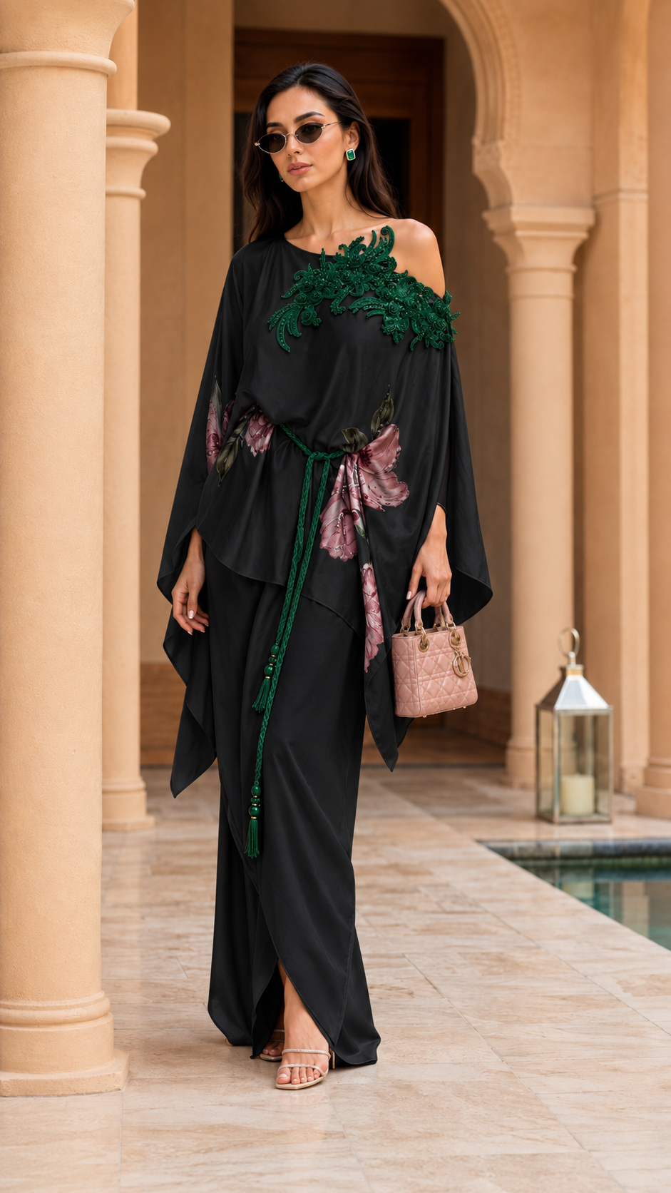 One-Shoulder Floral Embroidered Kaftan Maxi Skirt Set
