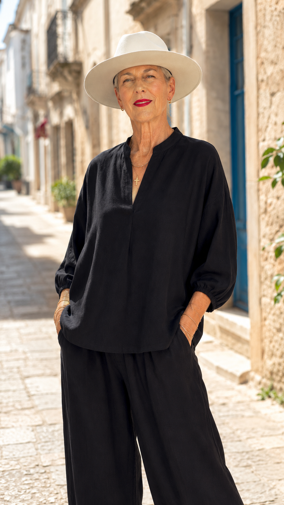 Relaxed Linen-Look Balloon Sleeve Top & Wide Leg Pant Set