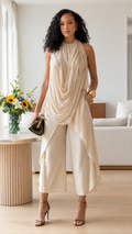Pleated Draped Halter Top & Cropped Wide Leg Pants Two-Piece Set