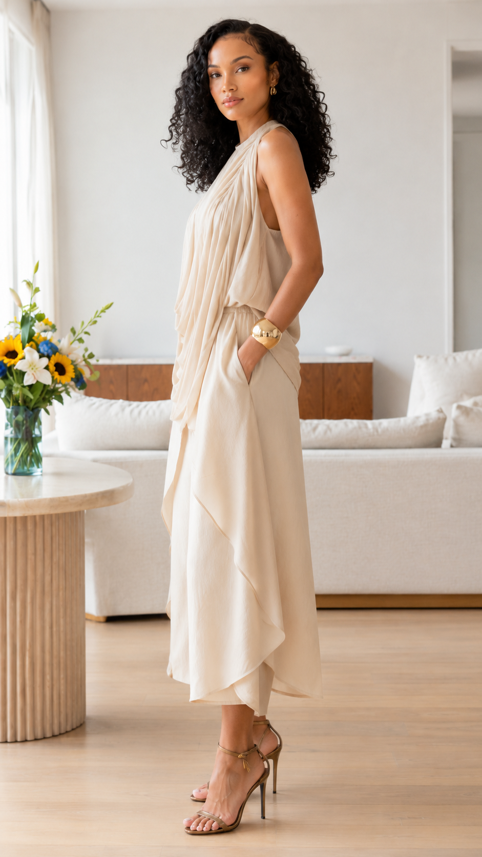 Pleated Draped Halter Top & Cropped Wide Leg Pants Two-Piece Set