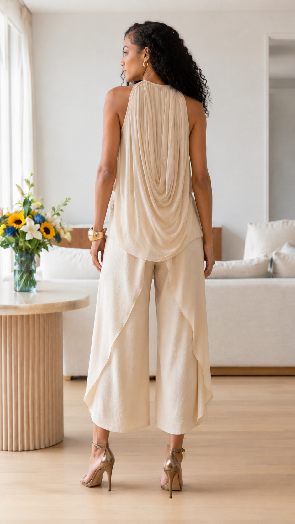 Pleated Draped Halter Top & Cropped Wide Leg Pants Two-Piece Set