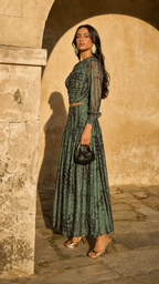 >Ruched Crop Top & Tiered Maxi Skirt Two-Piece Set