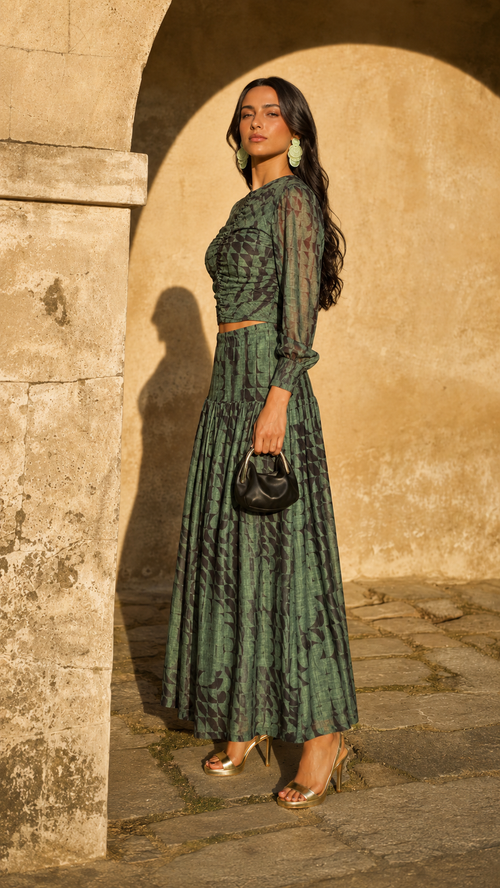 >Ruched Crop Top & Tiered Maxi Skirt Two-Piece Set