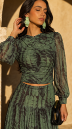 >Ruched Crop Top & Tiered Maxi Skirt Two-Piece Set