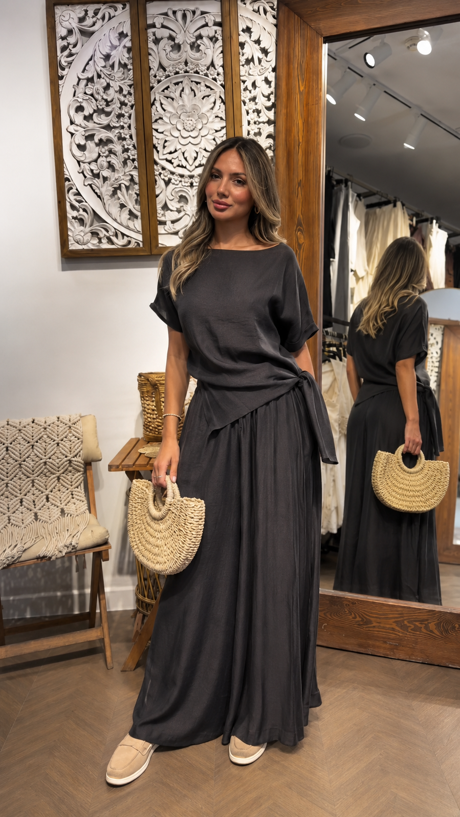 Side Tie Boat Neck Top & Flowing Maxi Skirt Two-Piece Set
