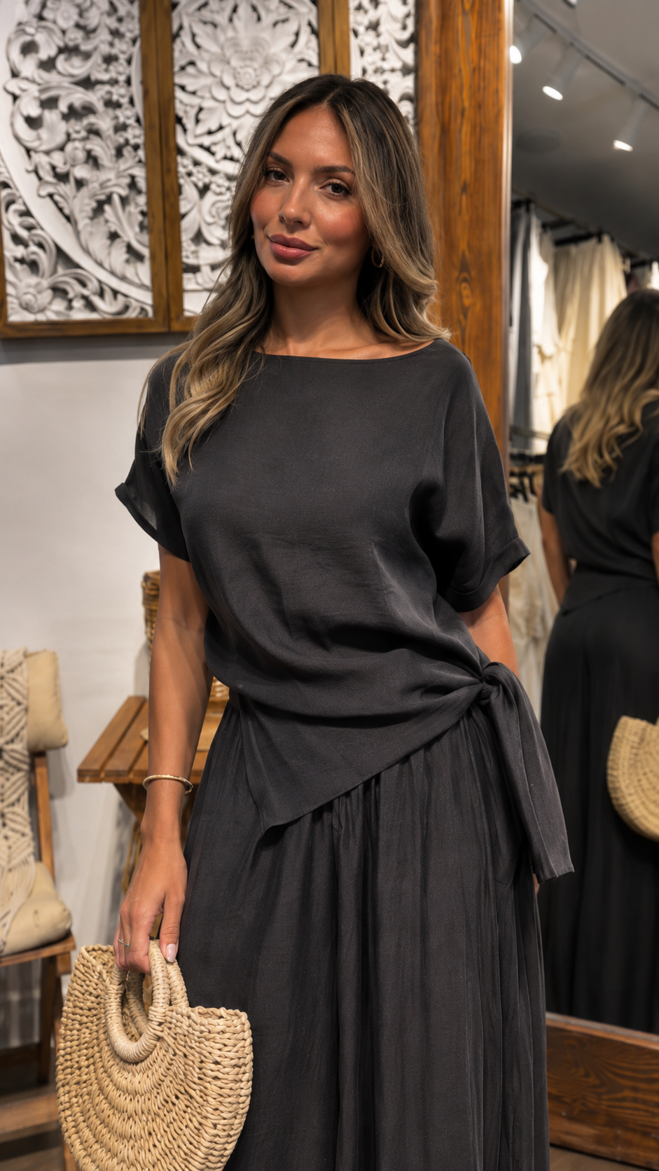 Side Tie Boat Neck Top & Flowing Maxi Skirt Two-Piece Set