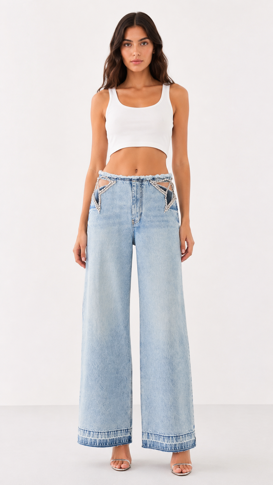 Rhinestone Cutout Wide Leg Jeans
