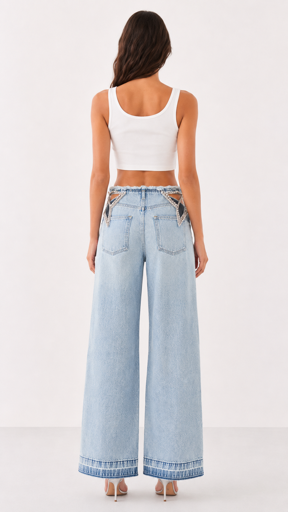 Rhinestone Cutout Wide Leg Jeans