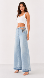 Rhinestone Cutout Wide Leg Jeans