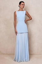 Powder Blue Boat-Neck Maxi Dress With Drop-Waist