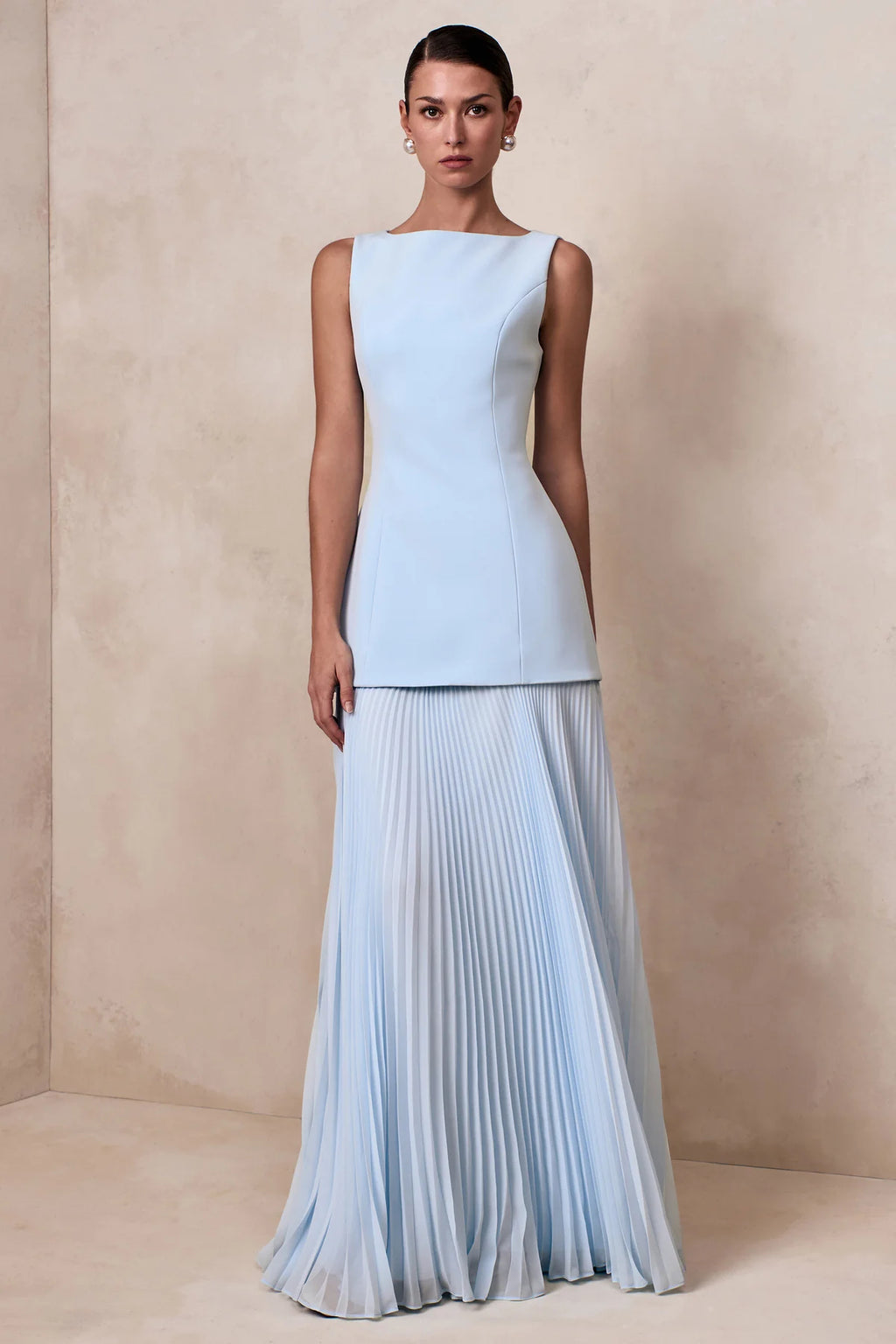 Powder Blue Boat-Neck Maxi Dress With Drop-Waist