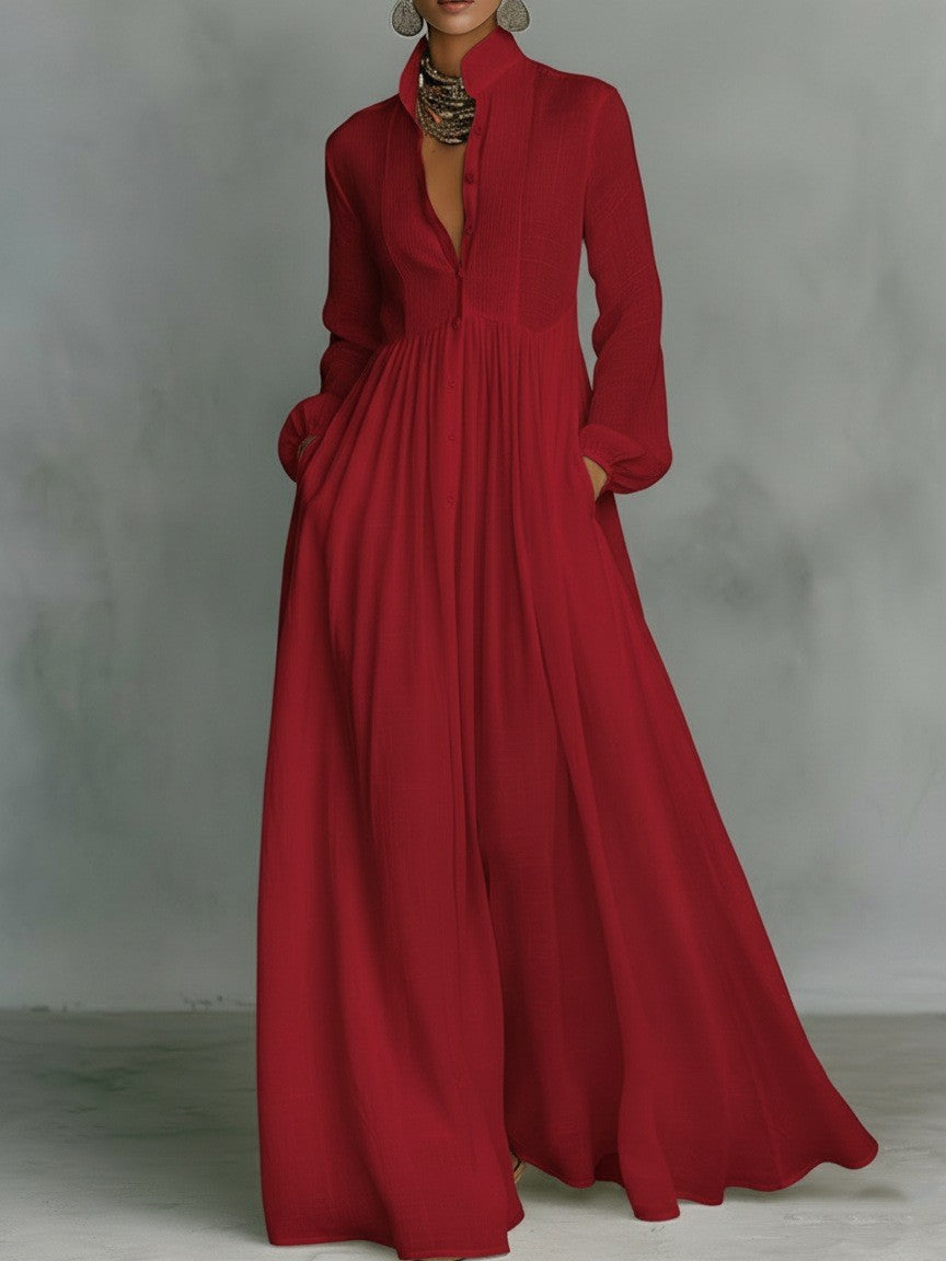 Long Sleeve Button-Front Flowy Dress
