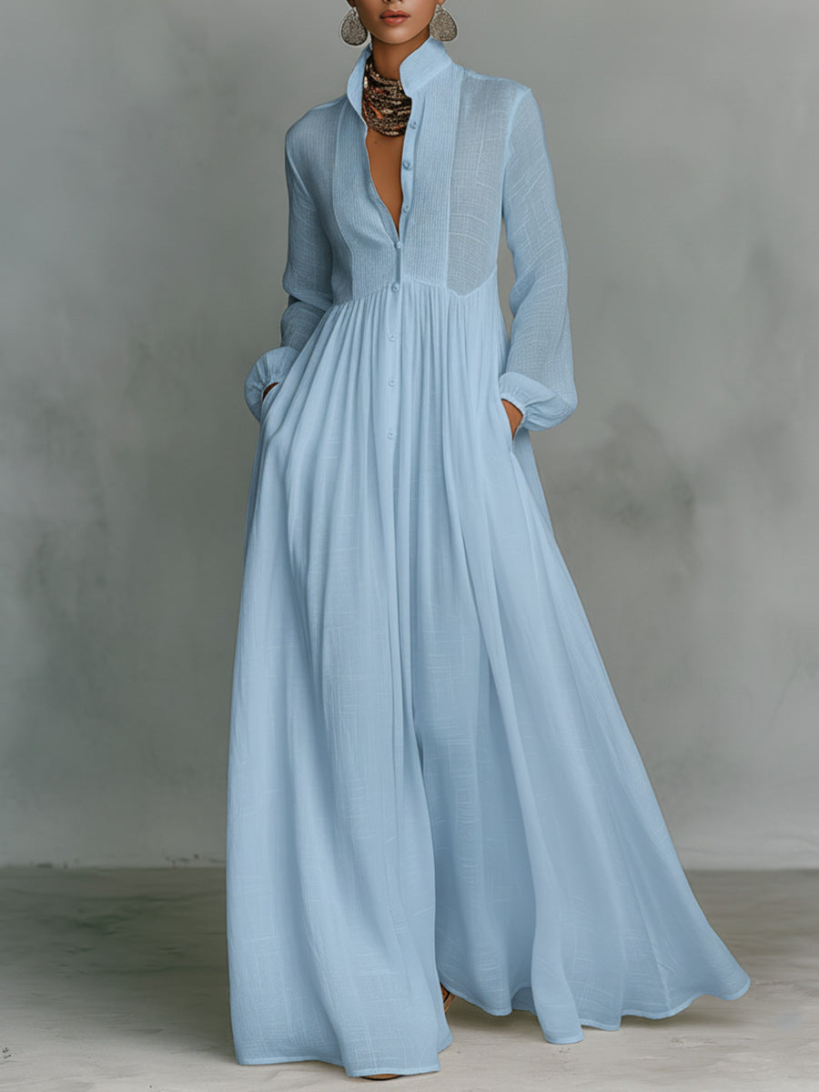 Long Sleeve Button-Front Flowy Dress
