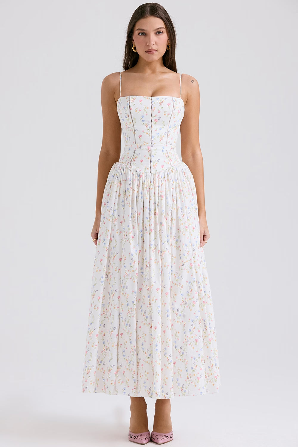 White Posy Print Cotton Midi Sundress