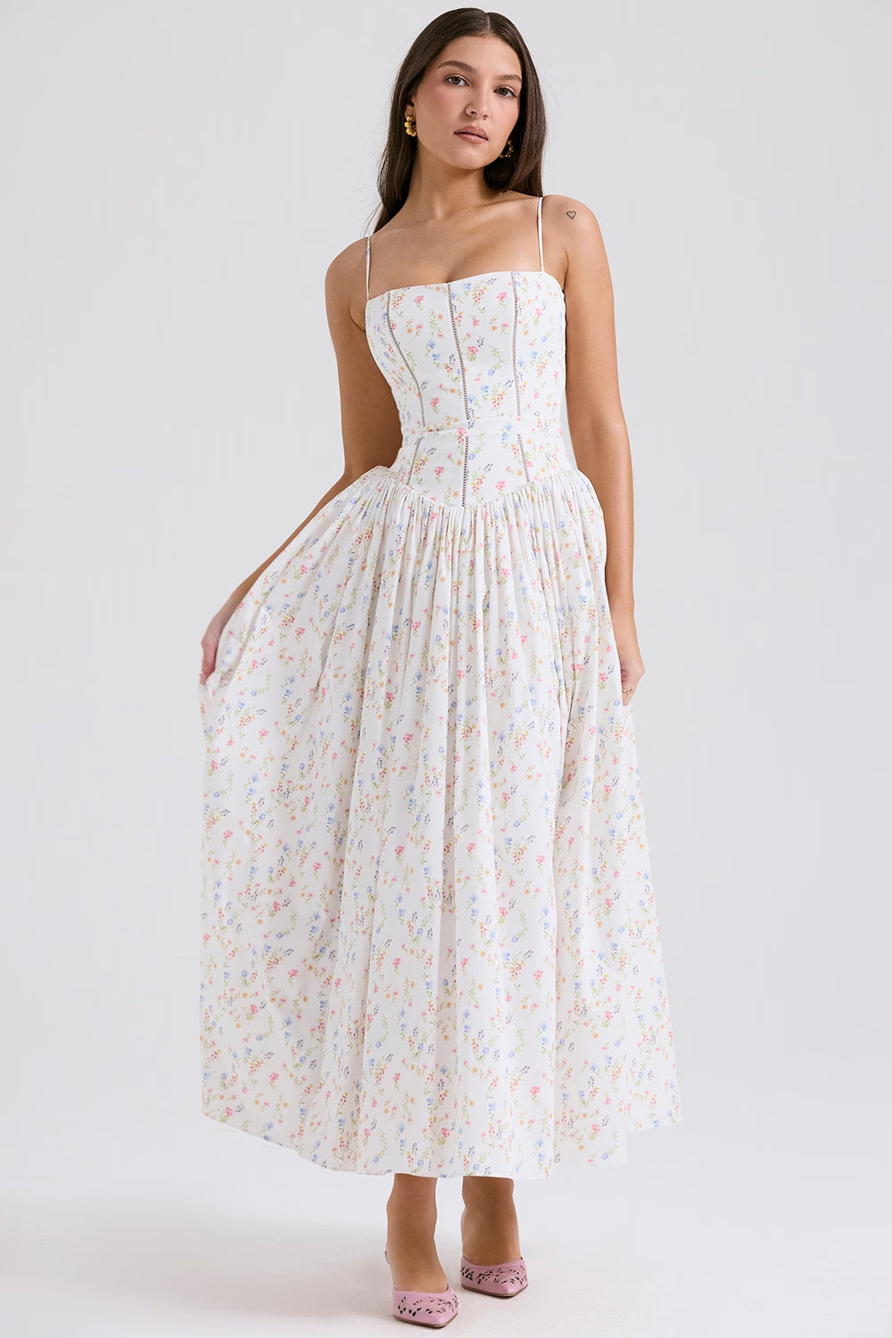 White Posy Print Cotton Midi Sundress