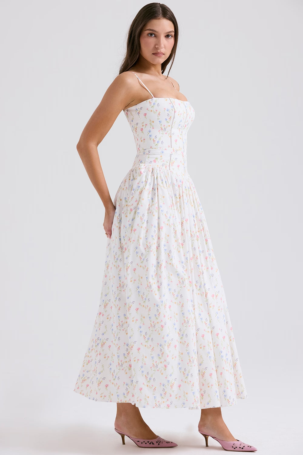 White Posy Print Cotton Midi Sundress