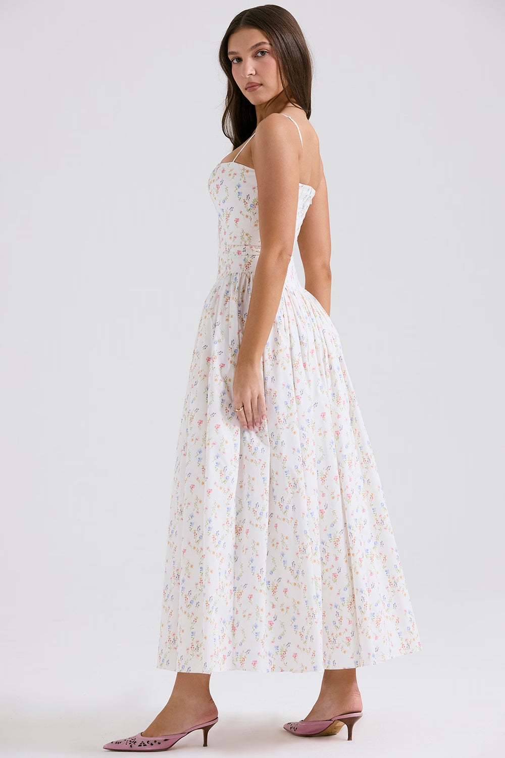 White Posy Print Cotton Midi Sundress