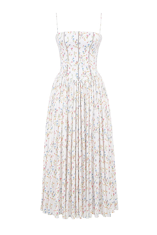 White Posy Print Cotton Midi Sundress