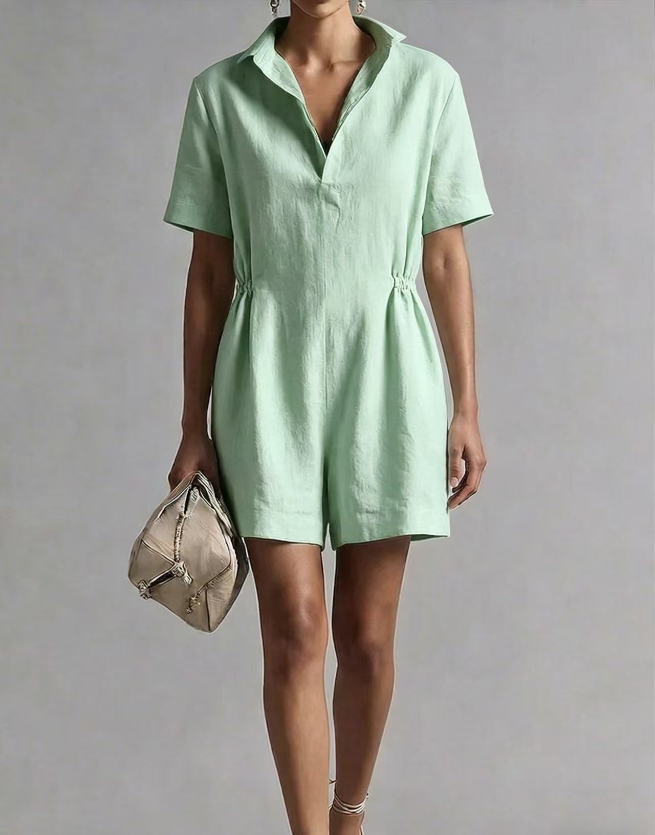 Womens Casual Long-Sleeve Lapel-Neck Split Jumpsuit