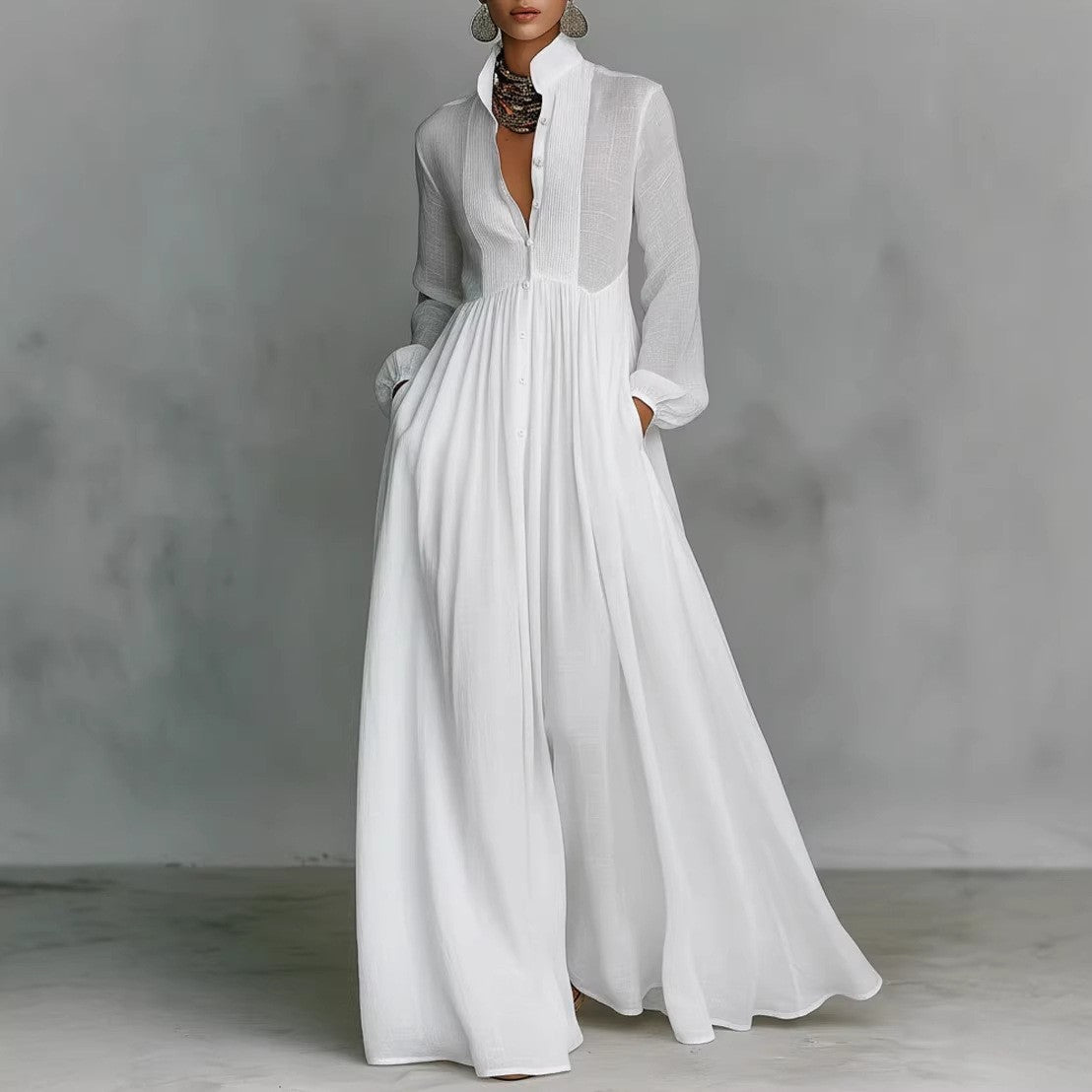 Long Sleeve Button-Front Flowy Dress